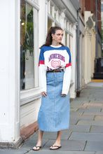 Load image into Gallery viewer, Blue Wash Denim Midi Skirt TRUE TO SIZE!
